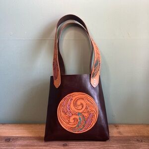 Hand tooled leather tote bag
